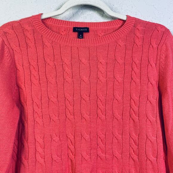 TALBOTS Sweater M Cable Knit Lambswool Blend Coral Crew Neck Classic Timeless - Picture 4 of 11